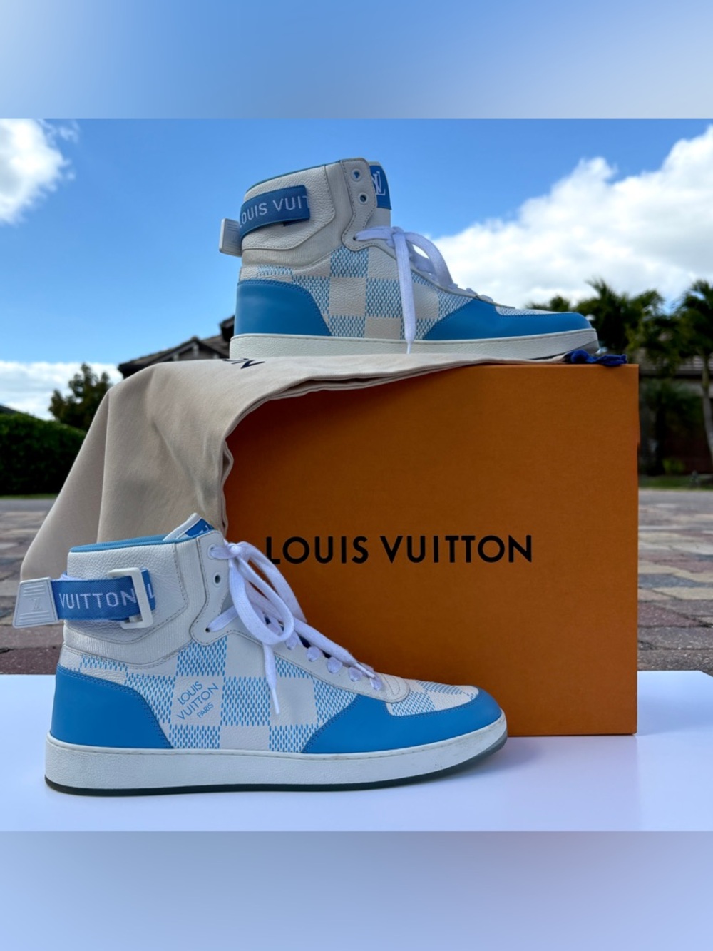 Louis Vuitton Blue Damier Sneaker Size 10 US 11 SS 22 High Top Calfskin MS0232 - Picture 3 of 17
